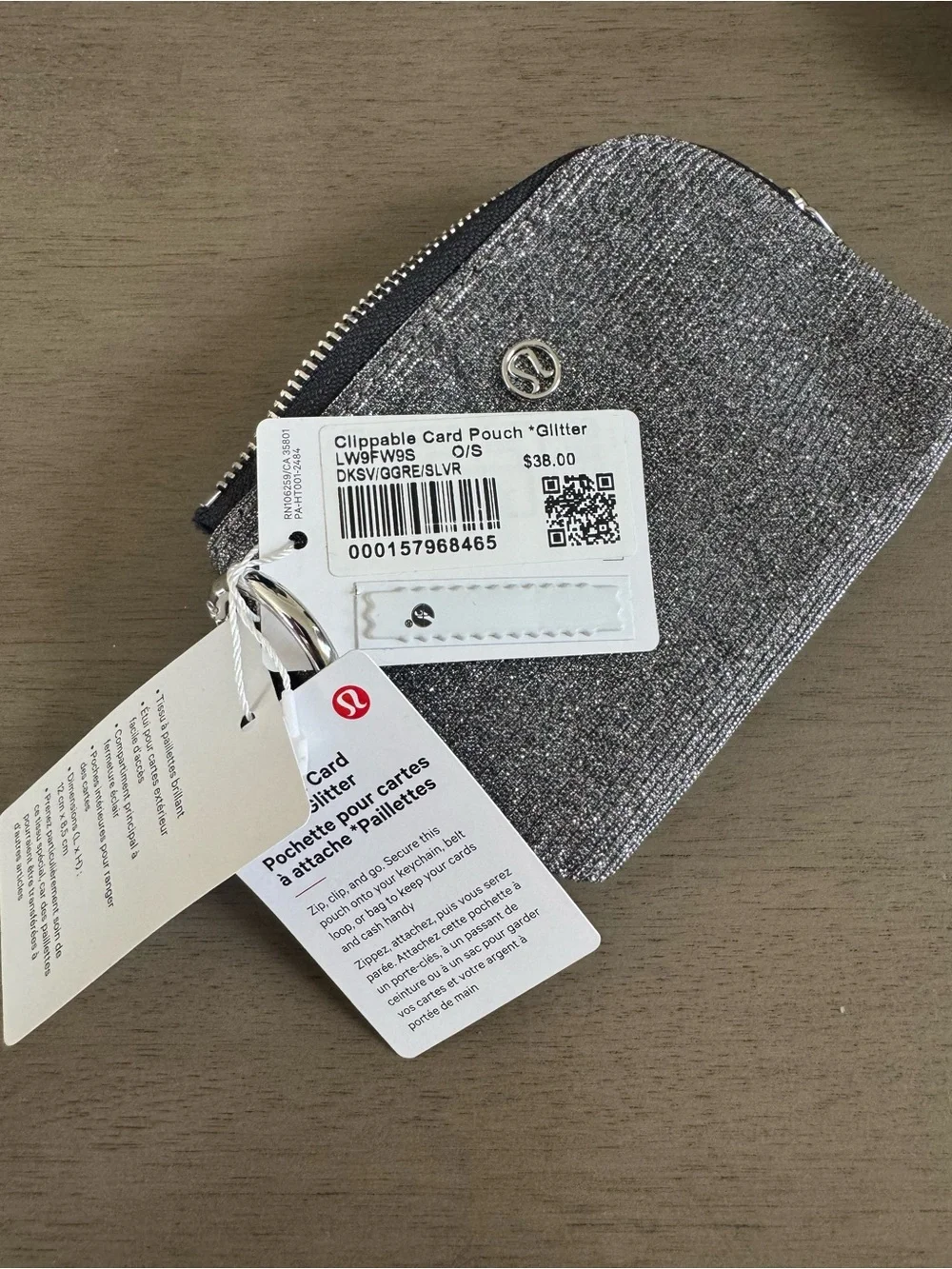 Lululemon Metallic Silver Glitter clippable card pouch